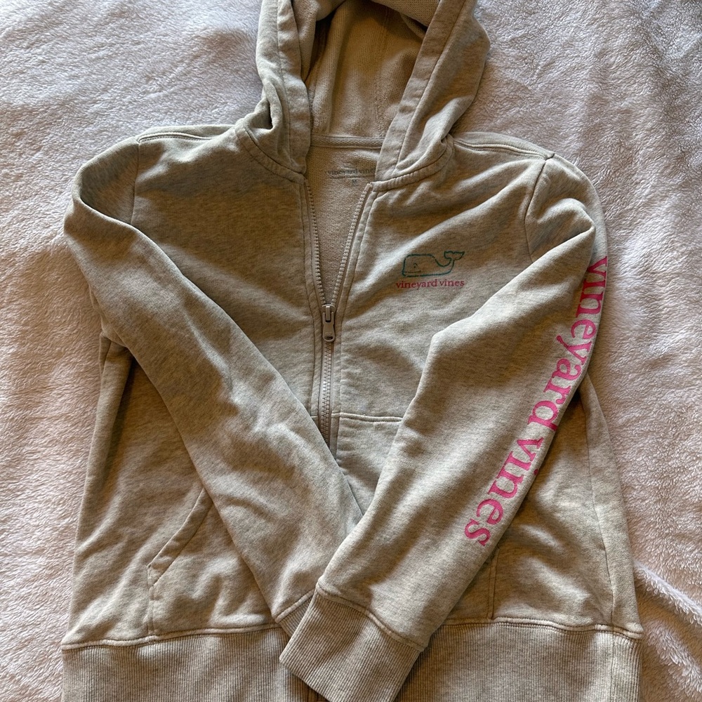 Vineyard Vines Tan Hoodie with Pink Sleeve Logo